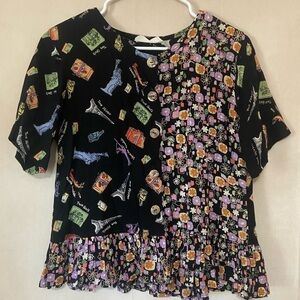 Nicole Marie women's 90's peplum ruffle hem novelty print top w/ large buttons
